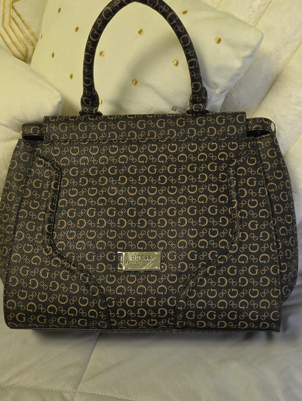GUESS Brown Logo Print Structured Top-Handle Satchel
